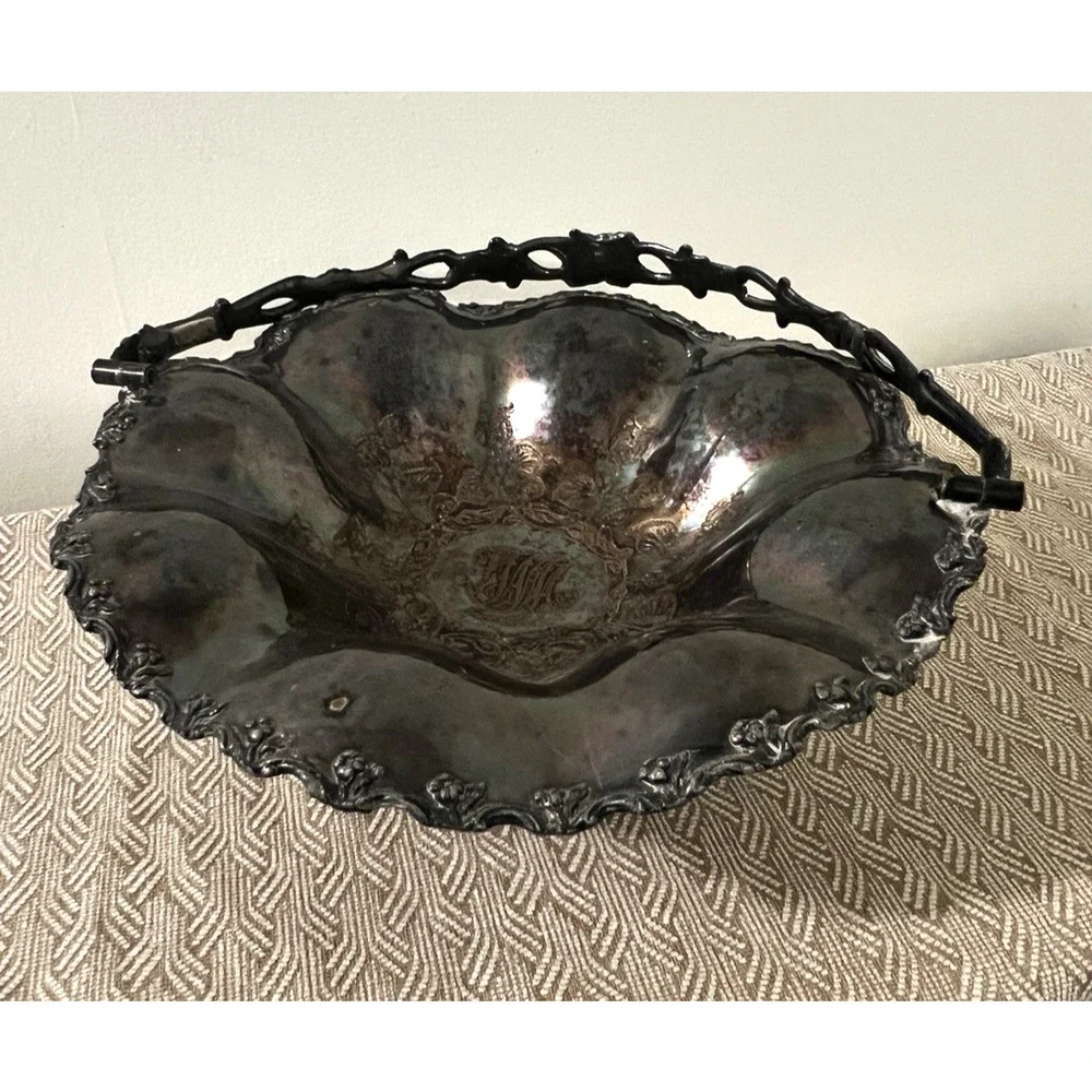 Nov 25, 1851 Wedding Cake Silver Plate Basket Monogram Antique Handled Ornateget
